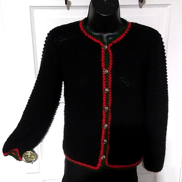 VINTAGE Crocheted Christmas Holiday Cardigan w Rose Buttons - O-O-A-K Hand-Made - Picture 1 of 16